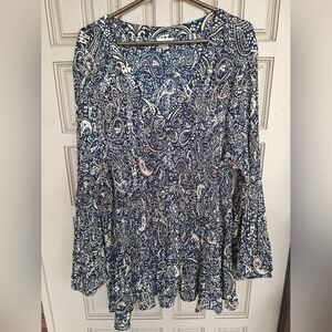 Avenue Blouse Plus Sz22/24 Blk/Tan Paisley Long Sleeves V Neck MiniPleats Cutie